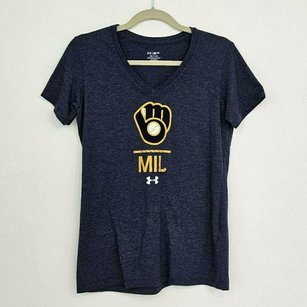 Under Armour Women's Dark Blue V-Neck Tee Milwaukee Brewers S Small